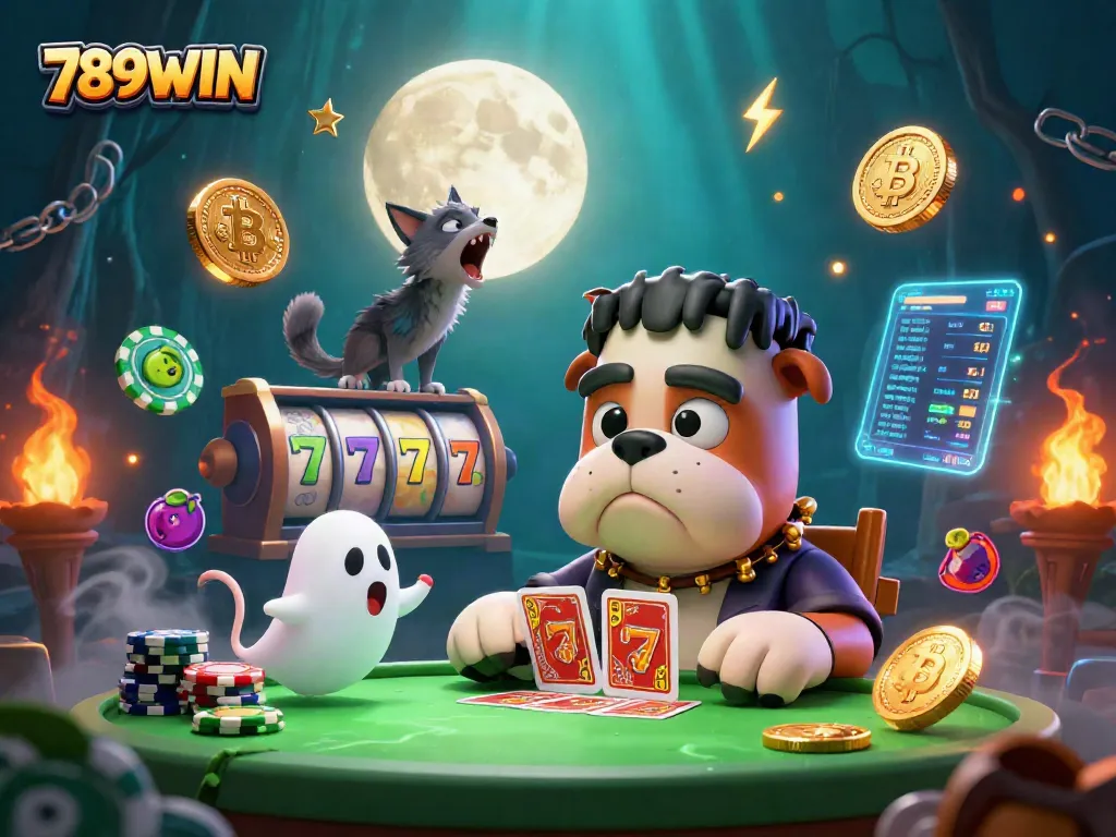 Play with 789WIN in a vibrant casino scene featuring a monster dealer and glowing slot elements.