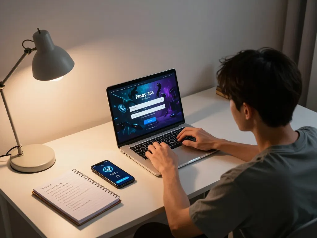 Pinoy Login for a strategic online gaming setup with laptop and notebook on a stylish desk