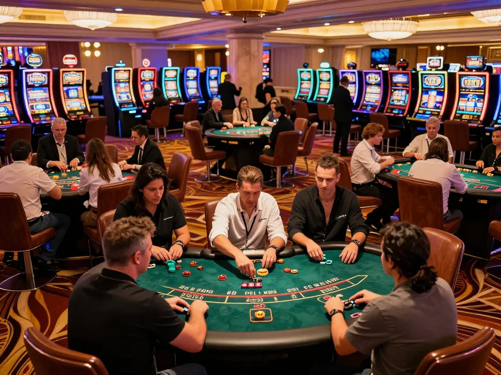 Players engaging at high-stakes poker tables at Vsbet casino, showcasing an exciting gaming atmosphere.