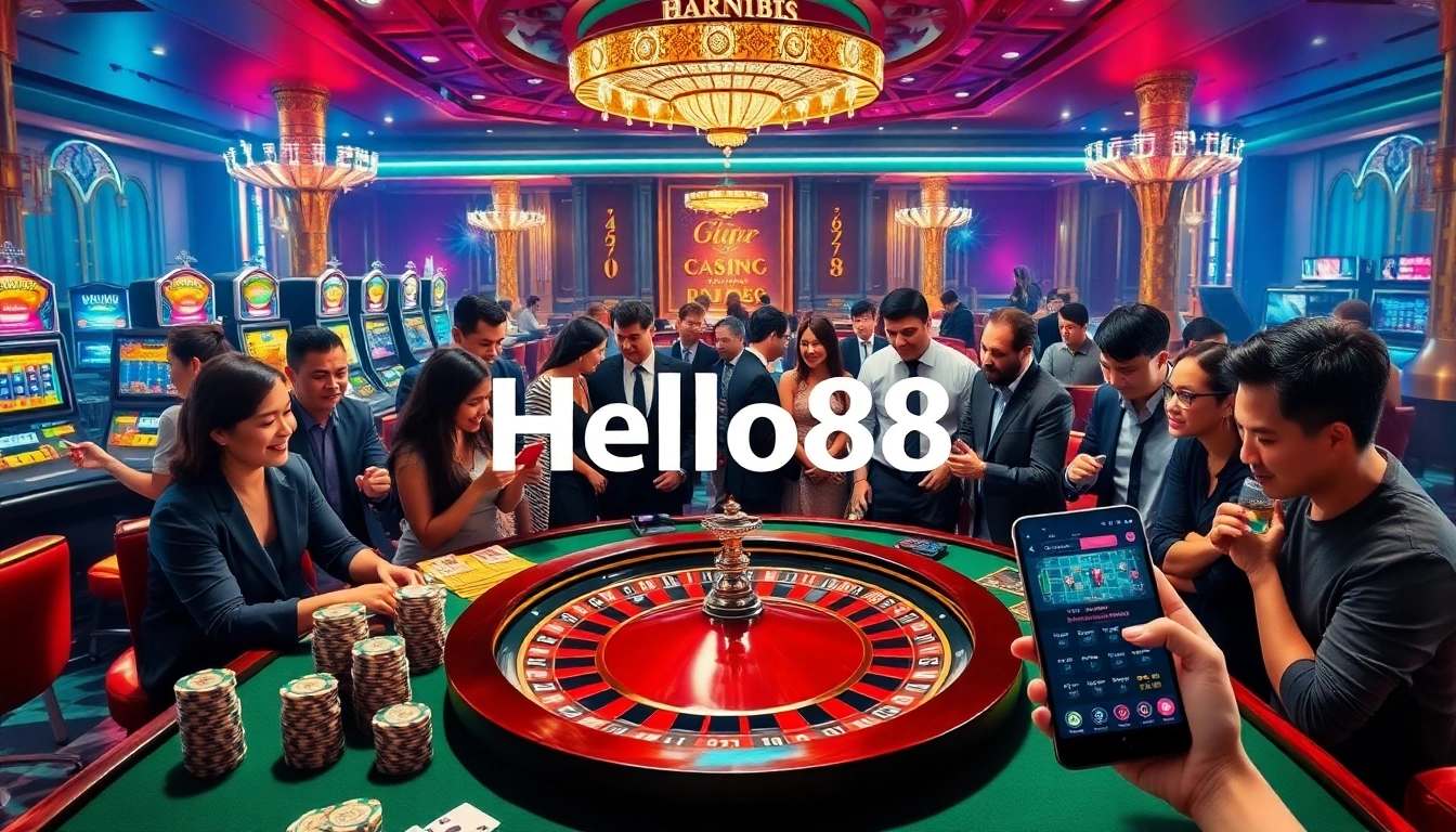 Players enjoying a thrilling gambling experience at Hello88 with vibrant casino elements.
