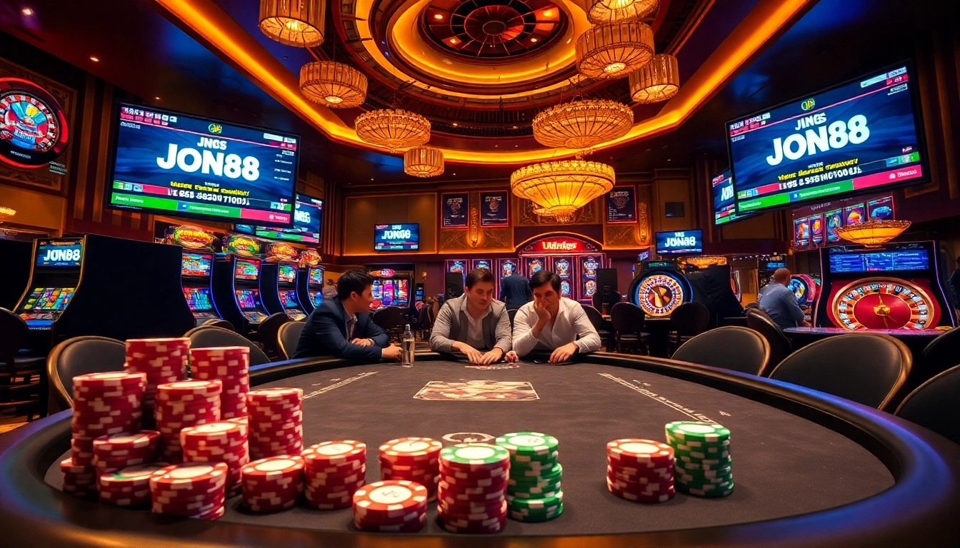 Experience the thrilling Jun88 casino with vibrant slot machines and dynamic poker action.