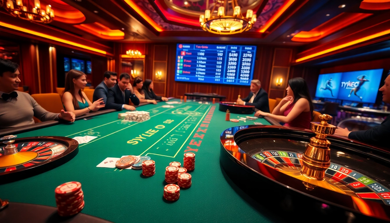 Tylekeo gambling scene with vibrant cards and roulette wheels, showcasing professional betting action.