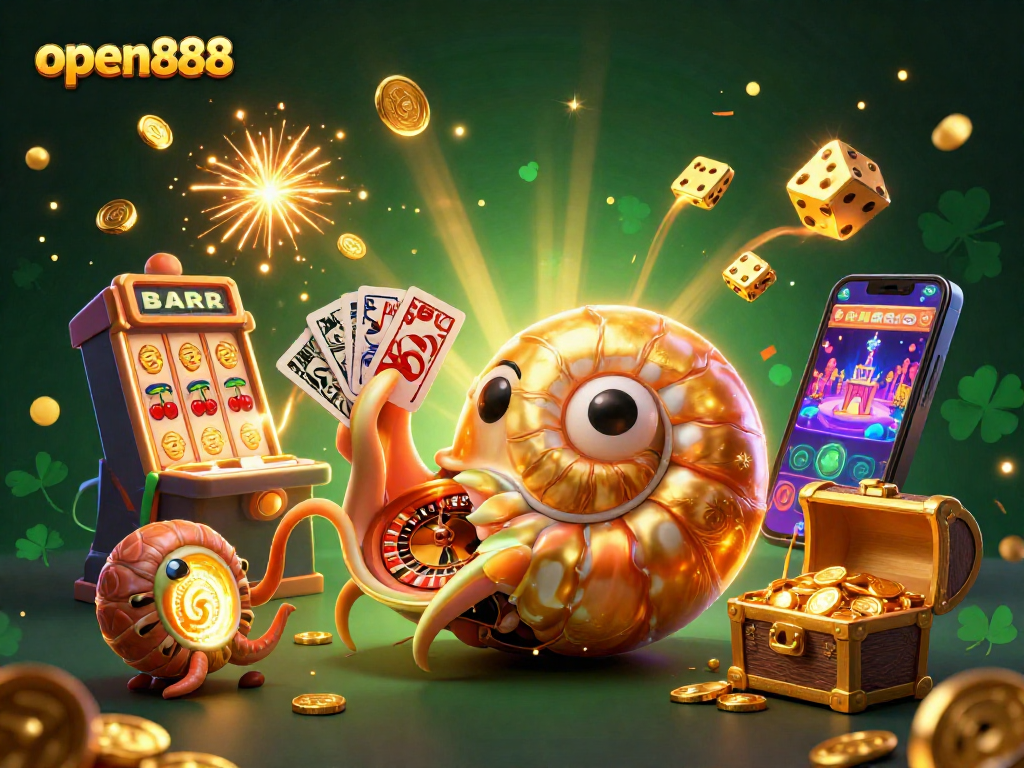 Experience the excitement at open888 with this vibrant casino illustration showcasing a giant nautilus as a roulette wheel.