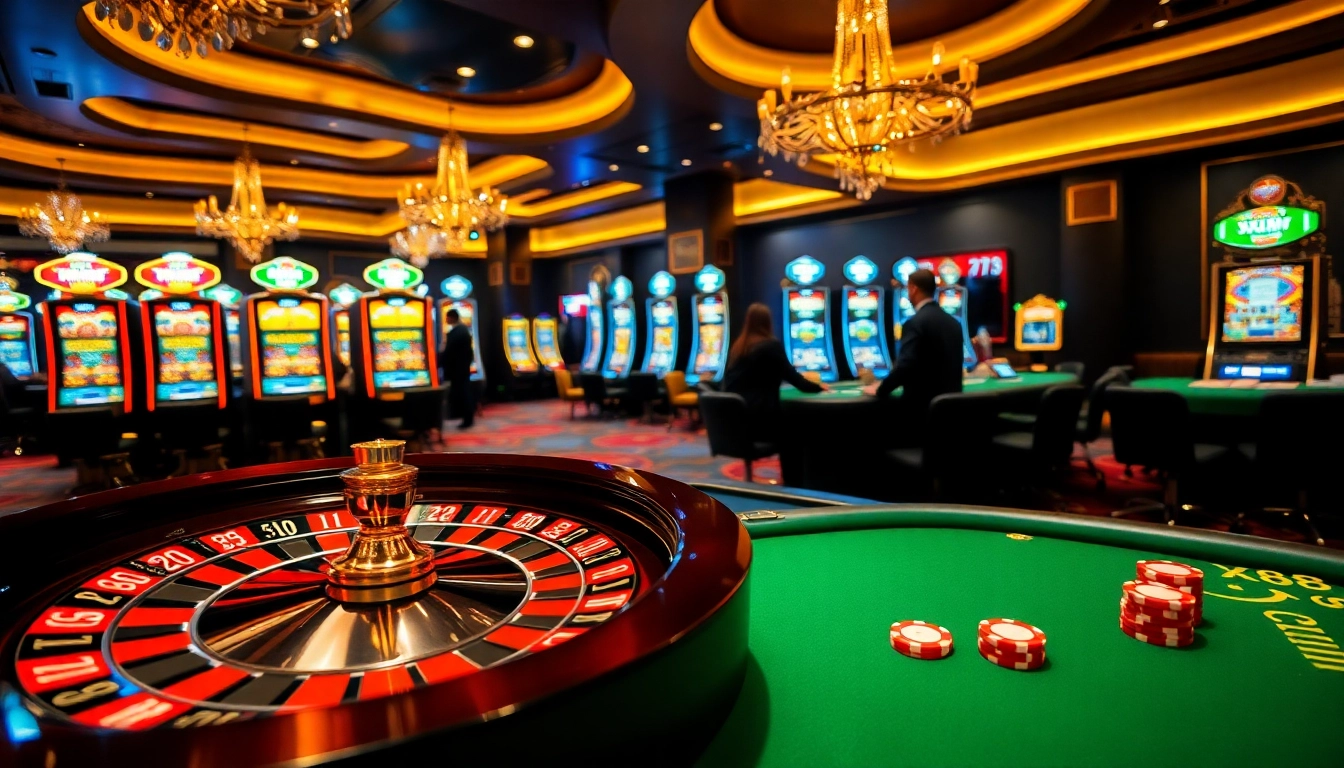 Exciting gambling scene at XX88 featuring a roulette wheel, poker chips, and vibrant slot machines.
