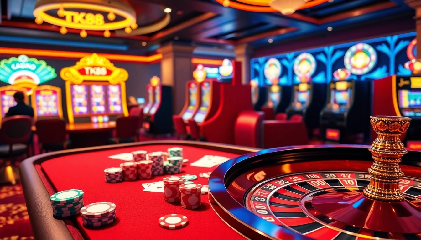 Engage with TK88's exciting gambling atmosphere featuring vibrant casino games and luxury gaming tables.
