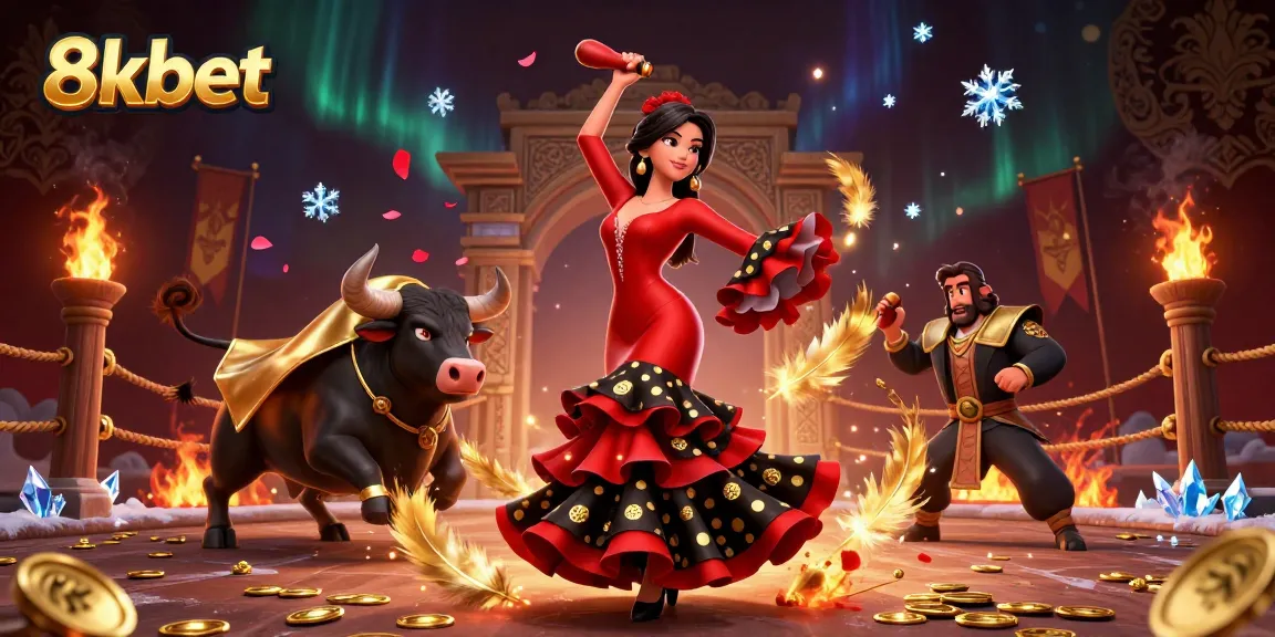 Experience thrilling 8xbet adventures with an immersive casino scene featuring a dancing flamenco woman and a cartoon bull.