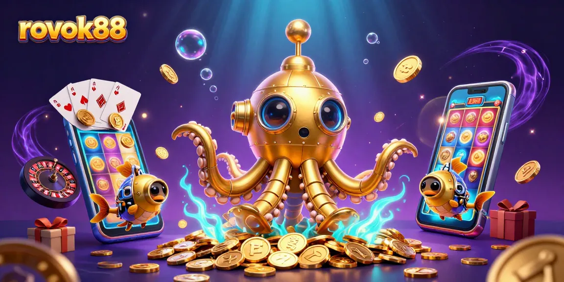 Experience the thrill of rokok88 with a golden kraken submarine amid vibrant gambling riches and slot games.