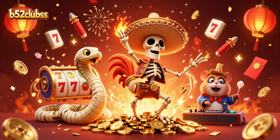 Experience thrilling wins at b52clubss with festive gaming characters celebrating among vibrant slot elements.