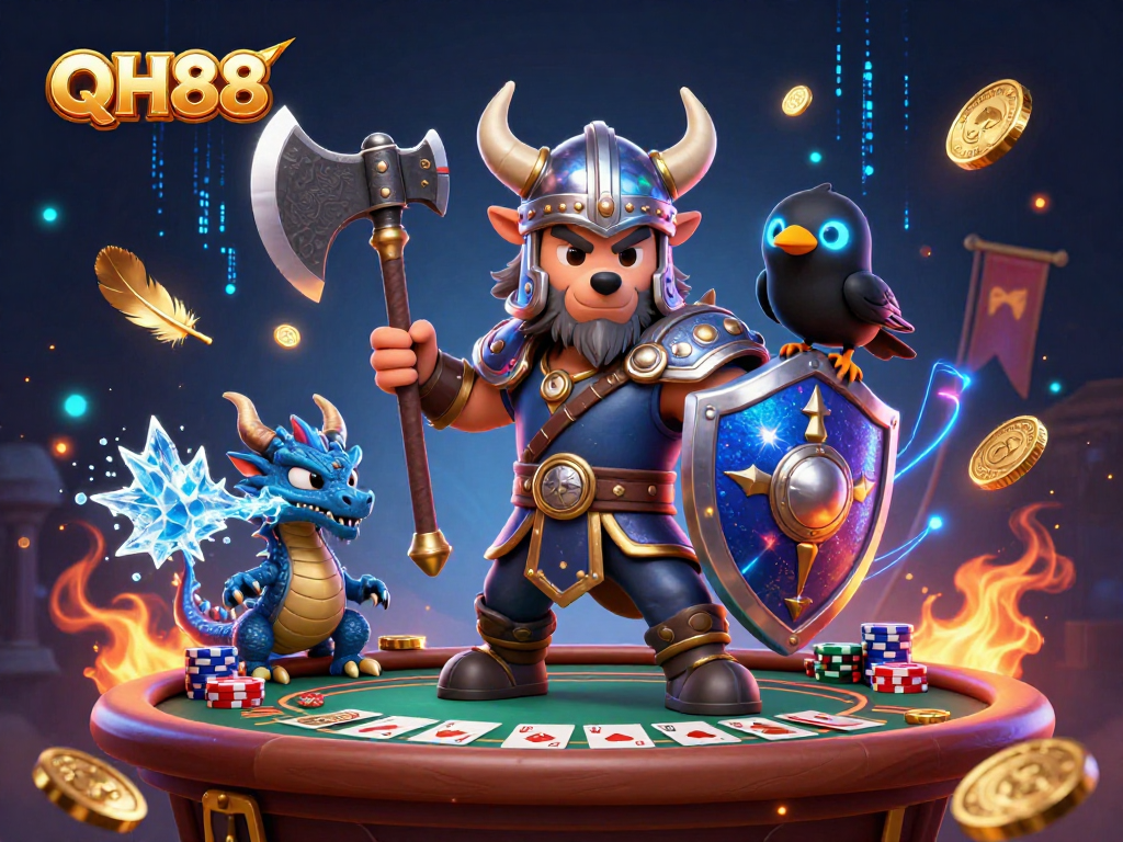 QH88 features a dynamic 3D casino scene with Viking wolf warrior, dragon, and raven amidst poker elements and glowing effects.