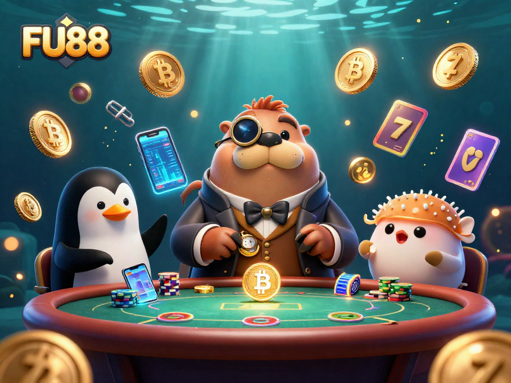 Experience thrilling poker gameplay with FU88 at an underwater casino featuring vibrant 3D characters.