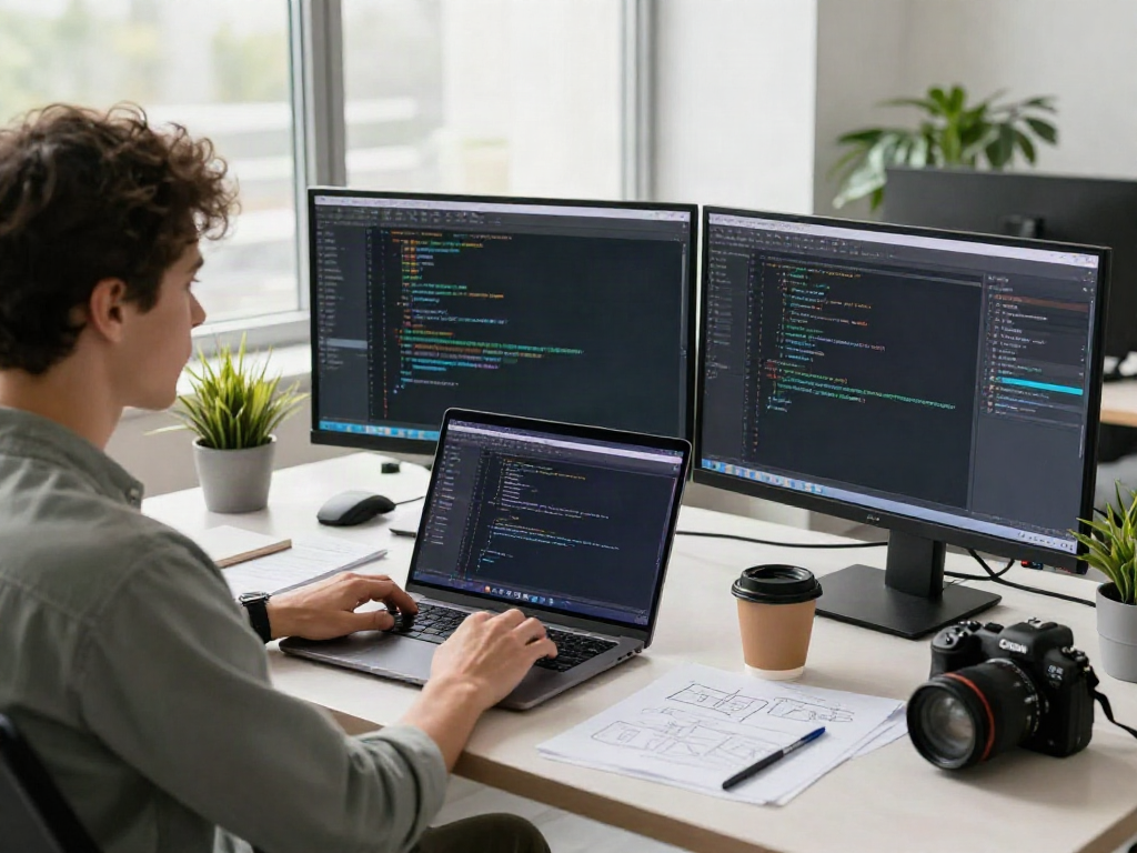 Instant indexing in a modern software development workspace with dual monitors and coding.