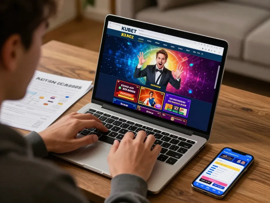 KUBET online casino player engaged in gaming on laptop with strategy notes.