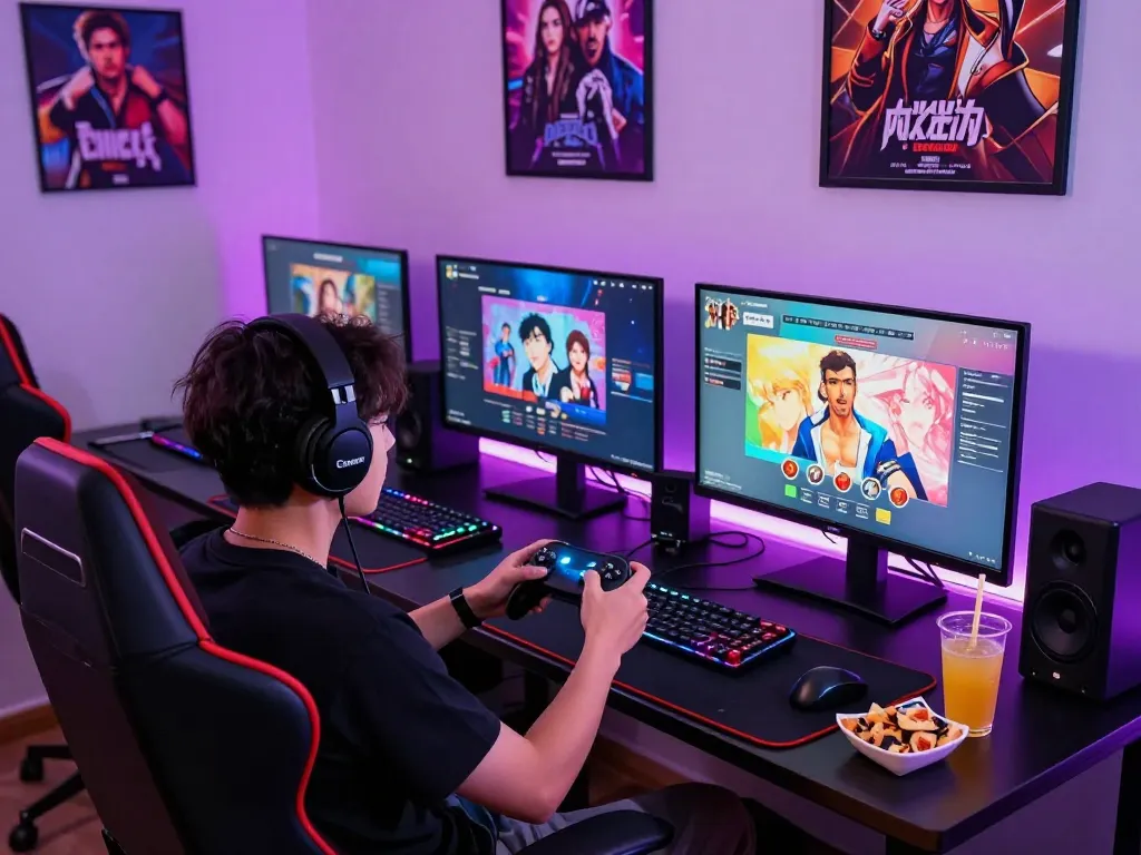 Player engaging with interactive porn games on multiple screens in a vibrant gaming setup.