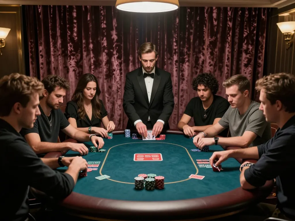 F8BET players engaging in strategic poker gameplay at a high-stakes casino table surrounded by luxury decor.