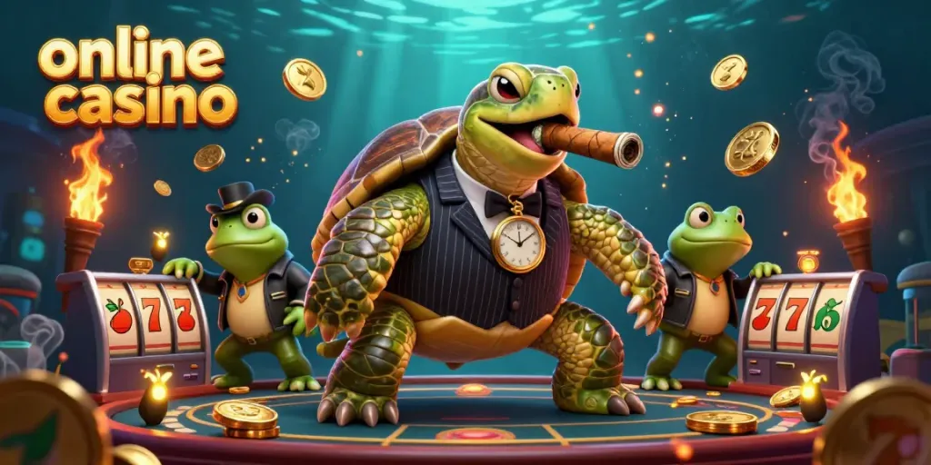 Experience excitement at this online casino with a mobster turtle and frog enforcers surrounded by dazzling slot elements.