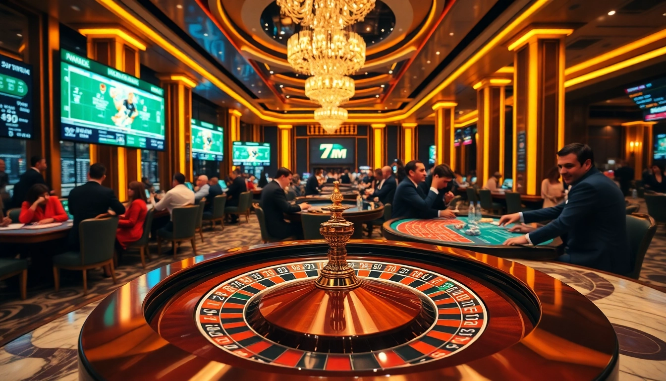 Experience 7M sports betting excitement at a luxurious casino with poker tables and live statistics.