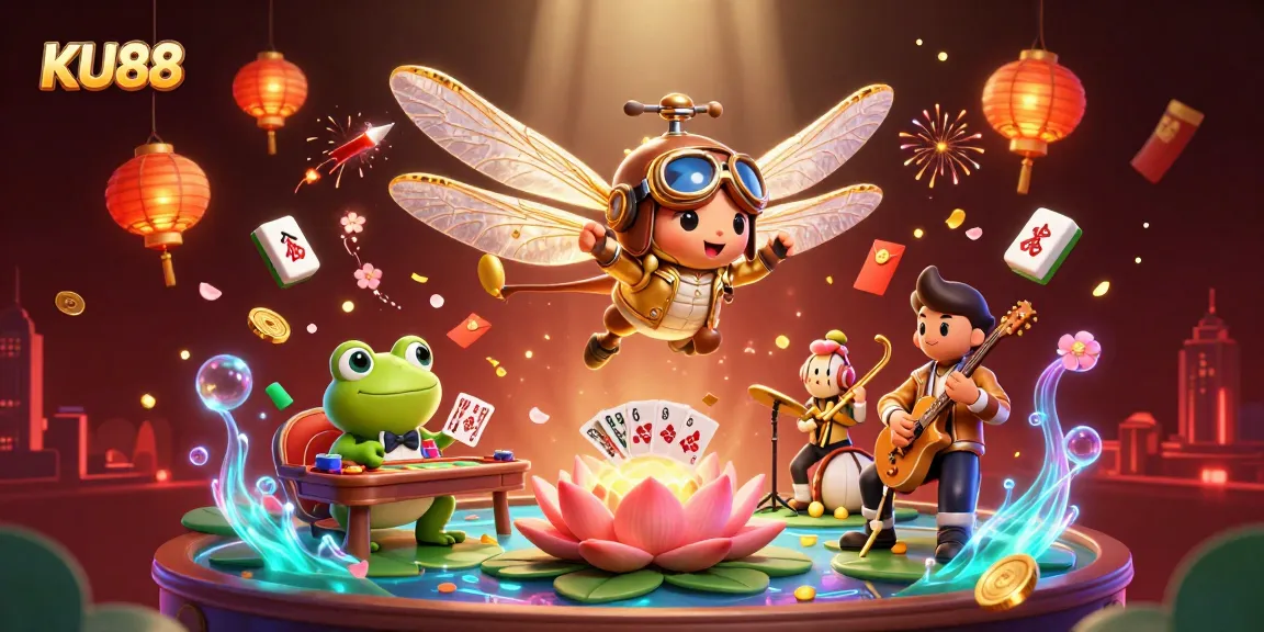 Engage with KU88's dynamic gaming scene featuring a dragonfly pilot, frog dealer, and jazz musicians.