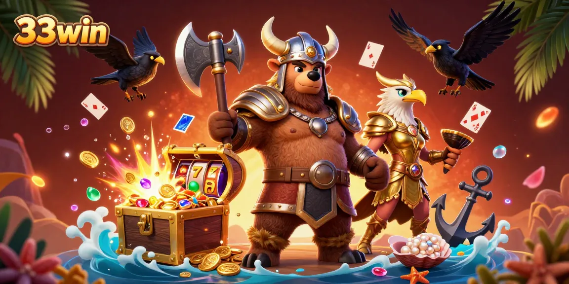 Engage with 33win using vibrant 3D cartoon casino illustration highlighting dynamic gaming elements.