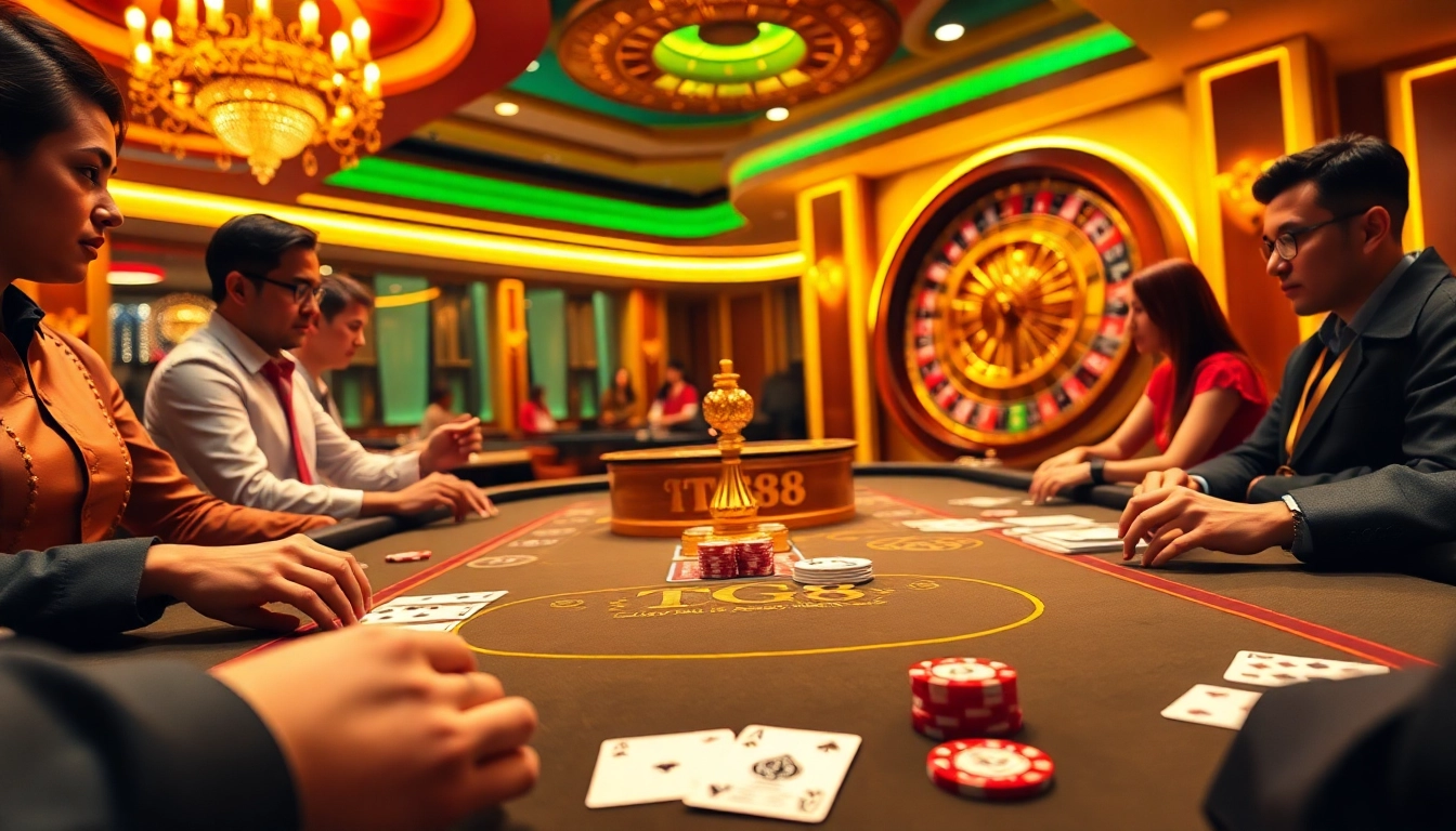 Gamblers enjoying the thrill of a TG88-branded casino gaming experience with vibrant chips and cards.