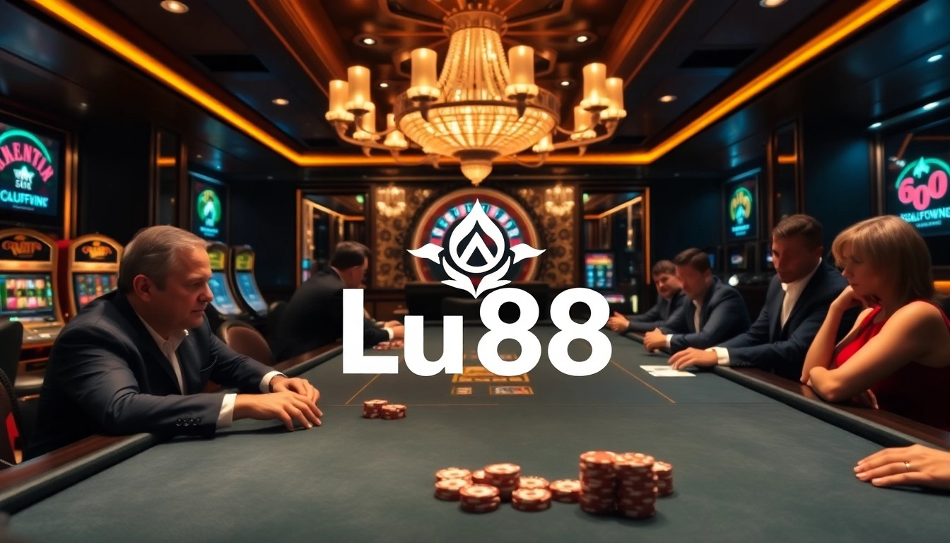 Lu88 poker players engaged in high-stakes action amidst luxury casino decor.