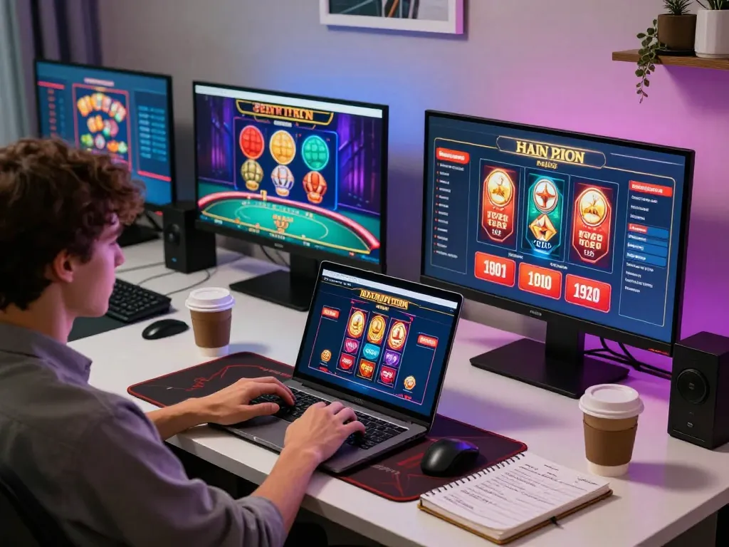 Player engaging with MM88 online casino games on laptop, showcasing a modern betting setup.