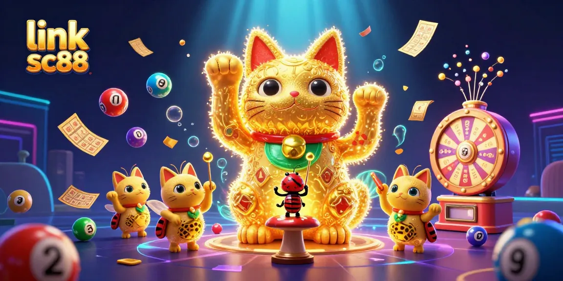 Engage with link sc88 in a vibrant 3D casino scene featuring colorful lottery elements and a lucky cat.