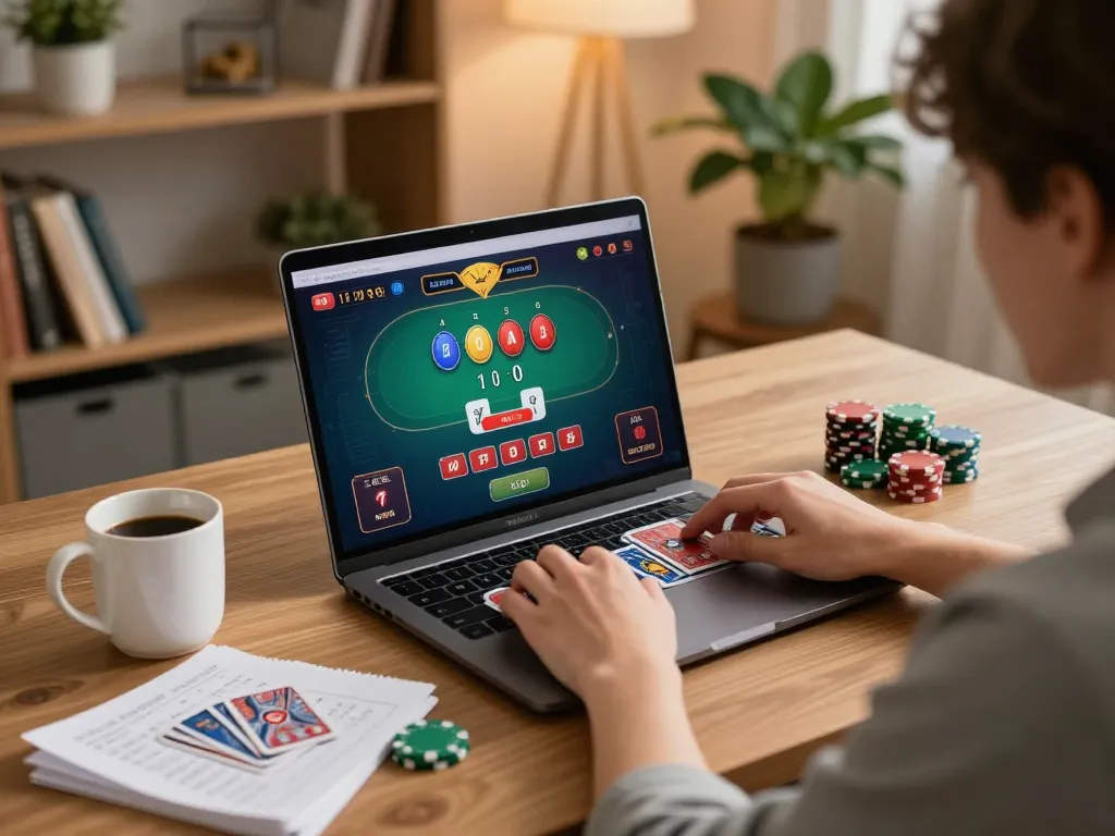 Engaged online gamer enjoying poker at home, showcasing soibetzz platform with strategic betting elements.