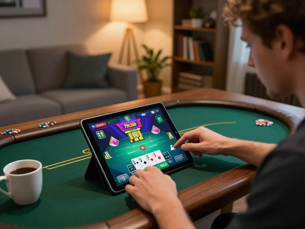 Player enjoying interactive poker gameplay on the 79club app in a cozy home office