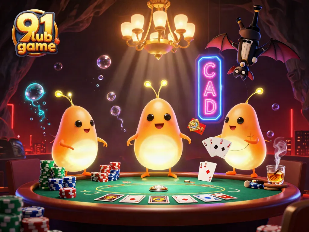 Experience the thrill of the 91 club game in this vibrant casino illustration featuring glowworms and a bat dealer.