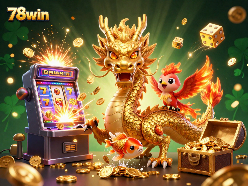 Gamblers engage with the vibrant world of 78win as a majestic dragon and phoenix celebrate winning gaming experiences.