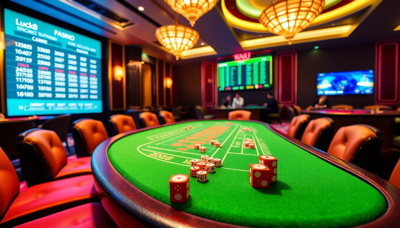 Engaging players at Luck8 tài xỉu game, showcasing vibrant chips and dice on a luxury casino table.