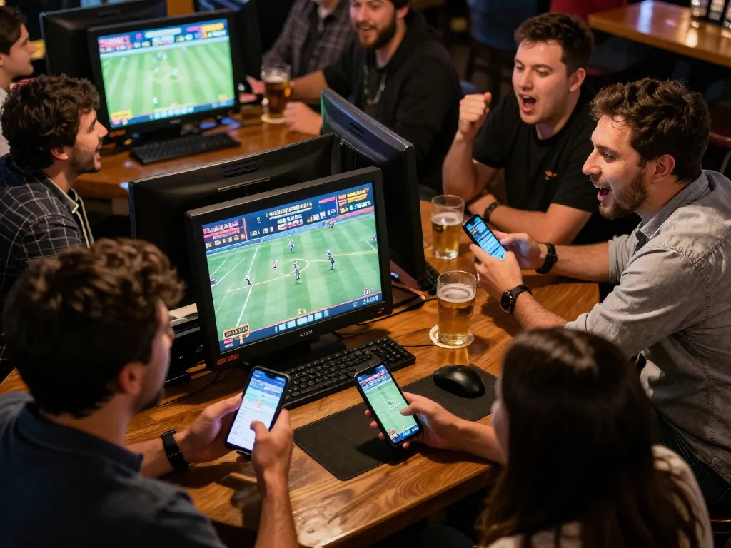 Engaging sports betting atmosphere showcasing people placing bets using mobile devices at a lively venue, while enjoying the experience of Dang nhap sky88.