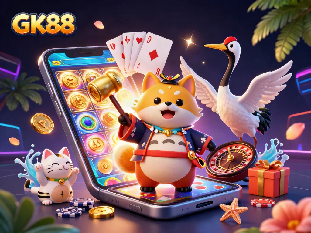 Experience rich gaming excitement with GK88 through a vibrant, dynamic casino scene.