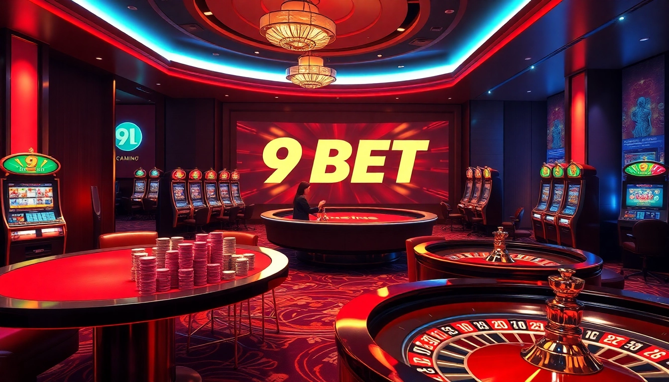 Experience the thrill of betting with 9BET in a high-stakes casino setting featuring vibrant tables and excitement.