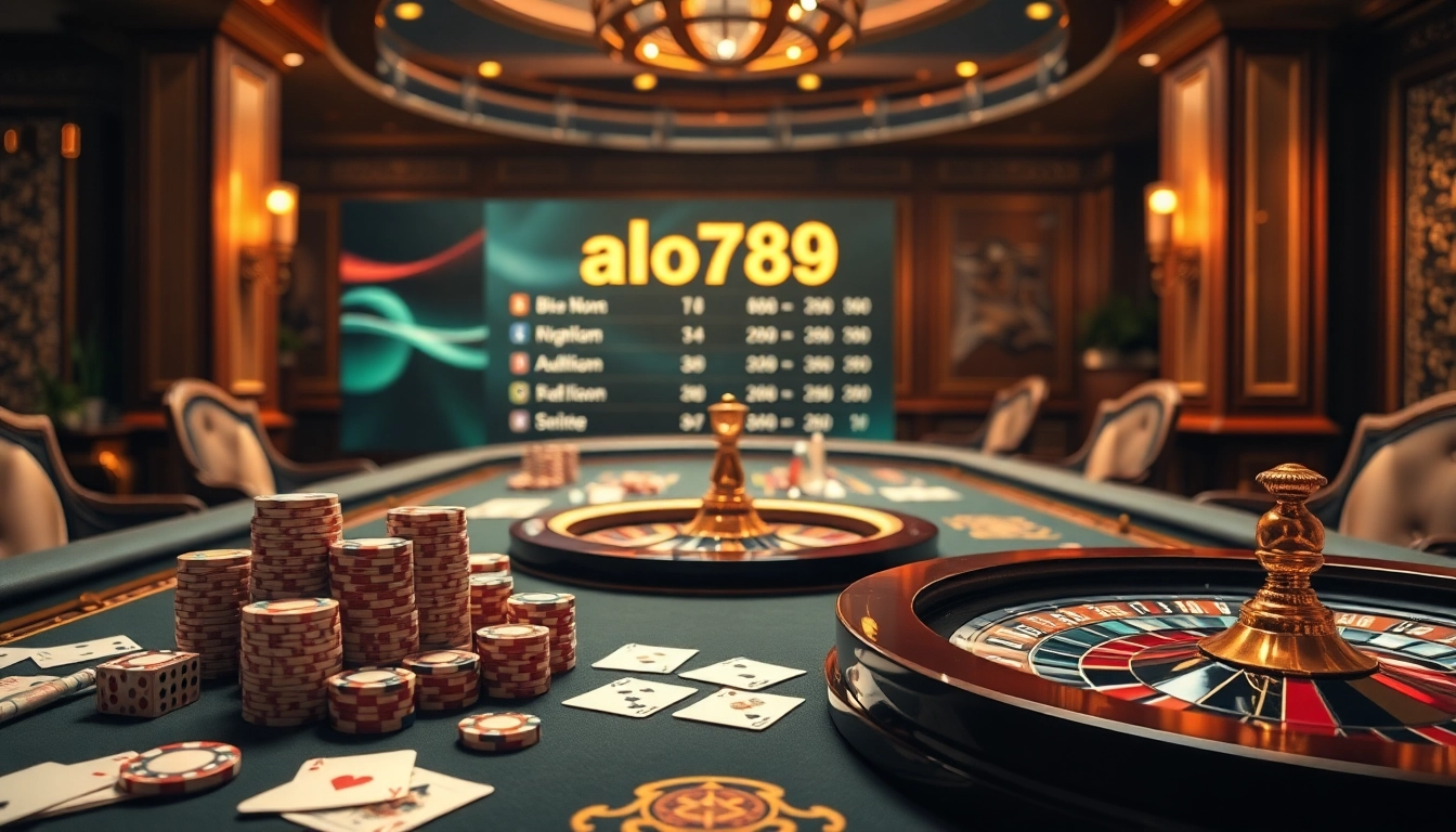 Experience the thrill of betting at ALO789 with vibrant casino elements like poker chips and dice.