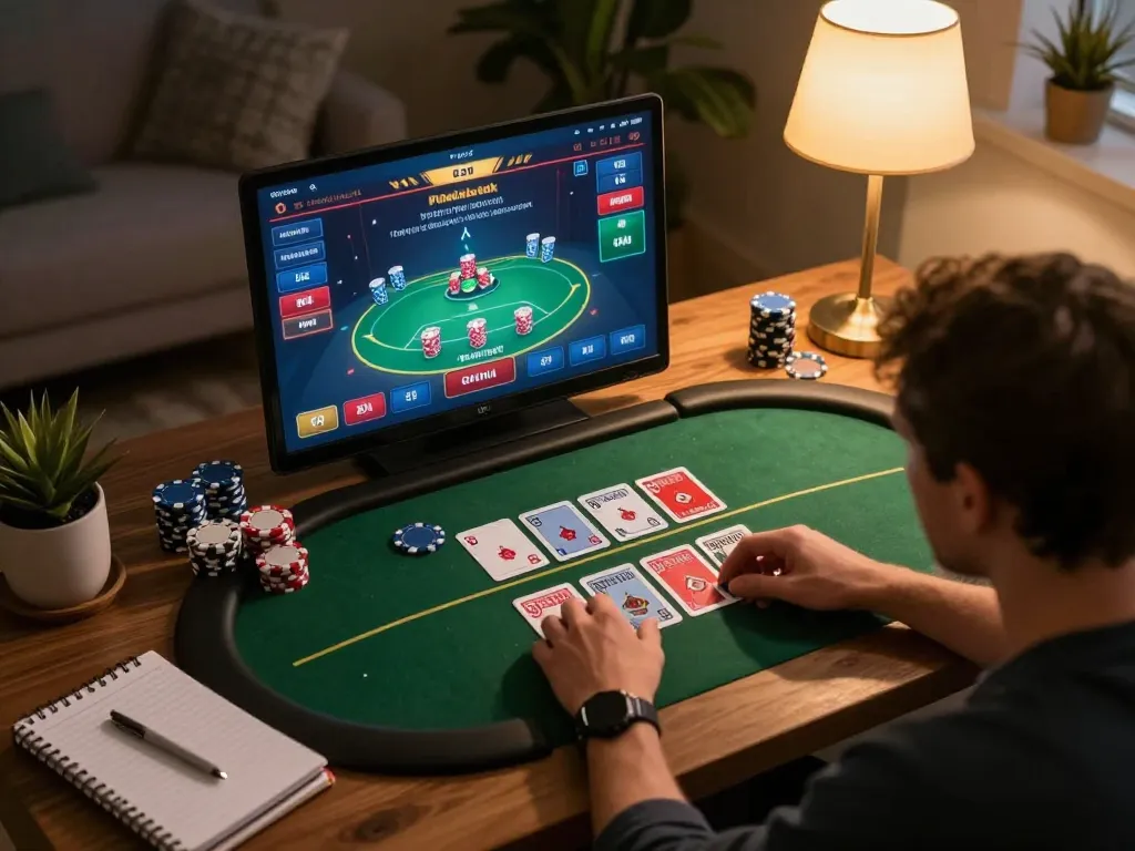 Person engaged in online gaming at https://www.mnm88.com/ with poker interface visible, cozy home setting enhancing the experience.