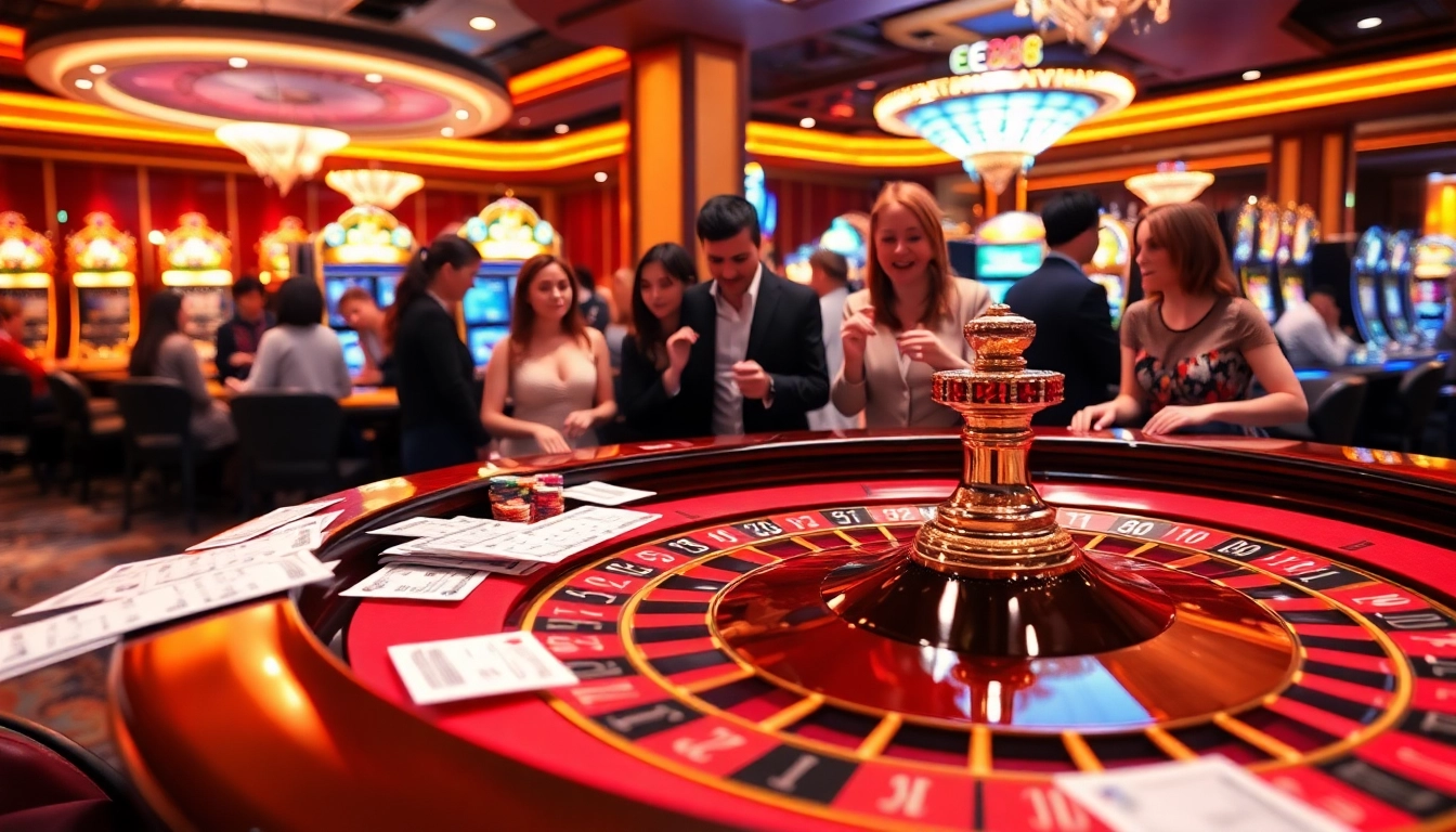 EE88 players enjoying an immersive roulette game with vibrant colors and luxurious casino ambiance.