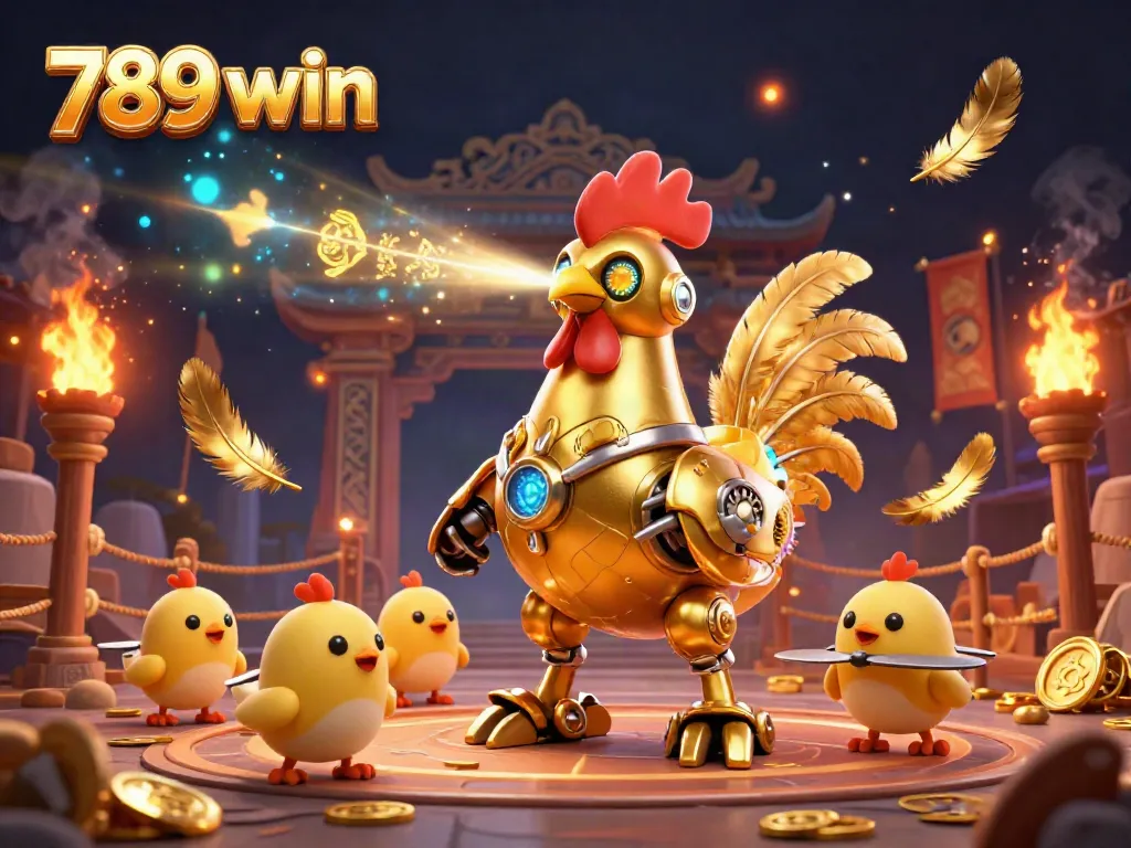 Experience the thrill of 789 win with this dynamic 3D casino scene featuring a golden rooster robot.