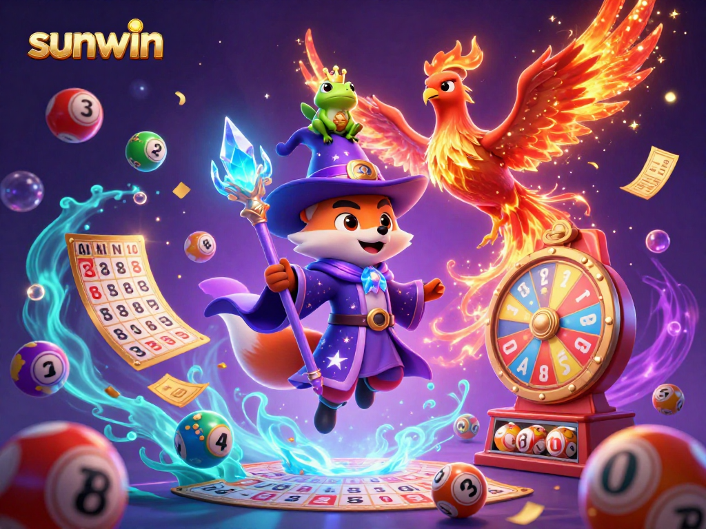Win big with sunwin in this vibrant, fantasy-inspired lottery scene featuring magical elements.