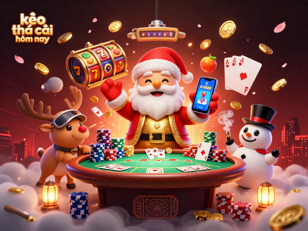 Experience the excitement of kèo nhà cái hôm nay with Santa and friends in a vibrant casino scene.