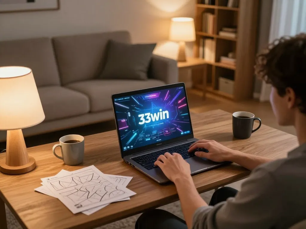 Player engaging with 33win online casino on a sleek laptop, showcasing a cozy gaming experience.