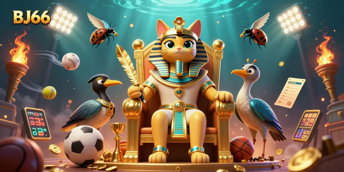 Engage with BJ66 featuring a pharaoh cat and gaming excitement, showcasing sports betting elements.