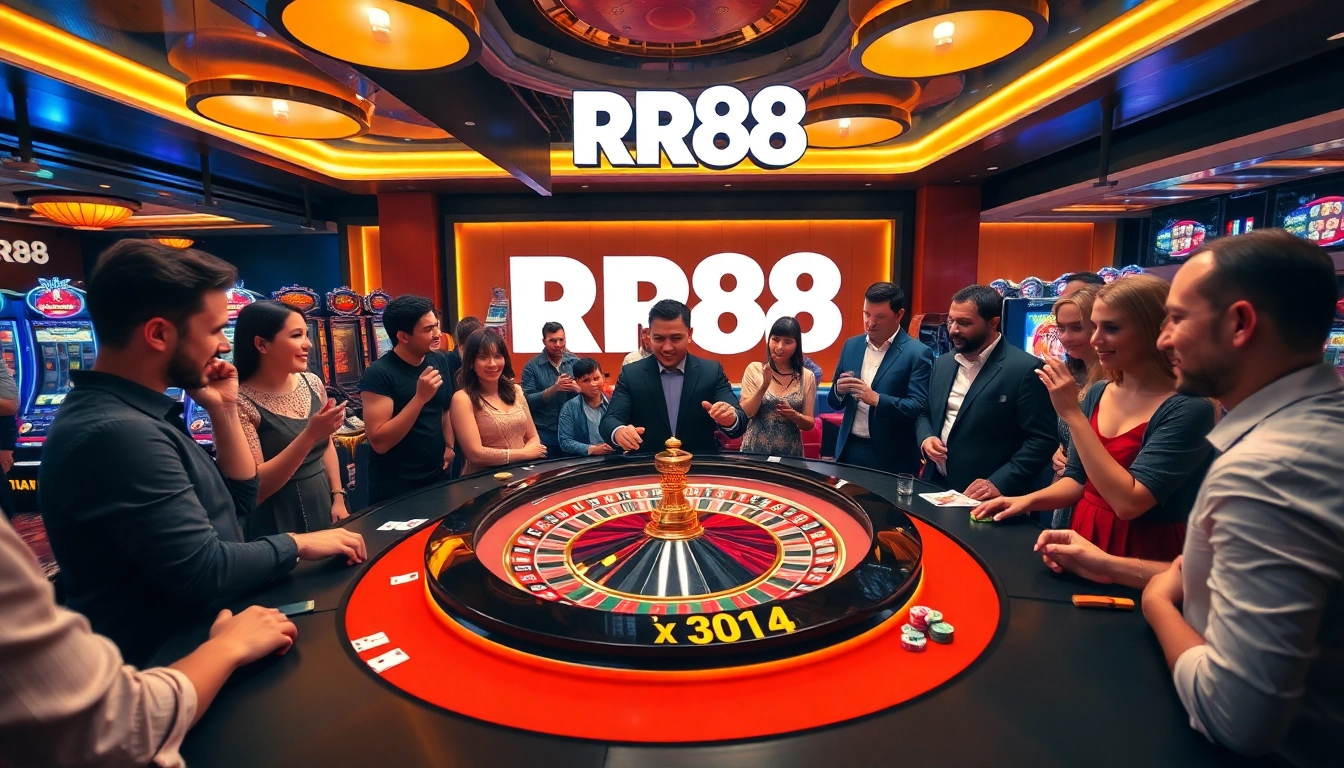 Experience excitement at RR88 with a luxurious casino atmosphere featuring a roulette table and players.