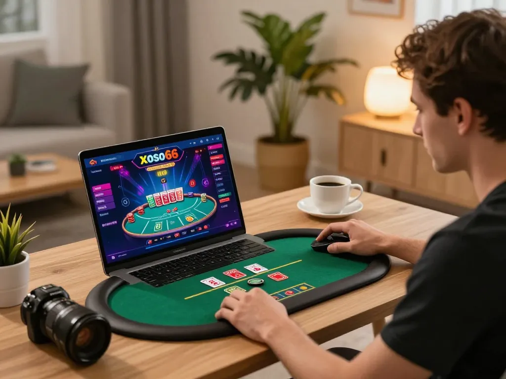 Player engaging with casino xoso66 on laptop, showcasing an exciting online gaming atmosphere at home.
