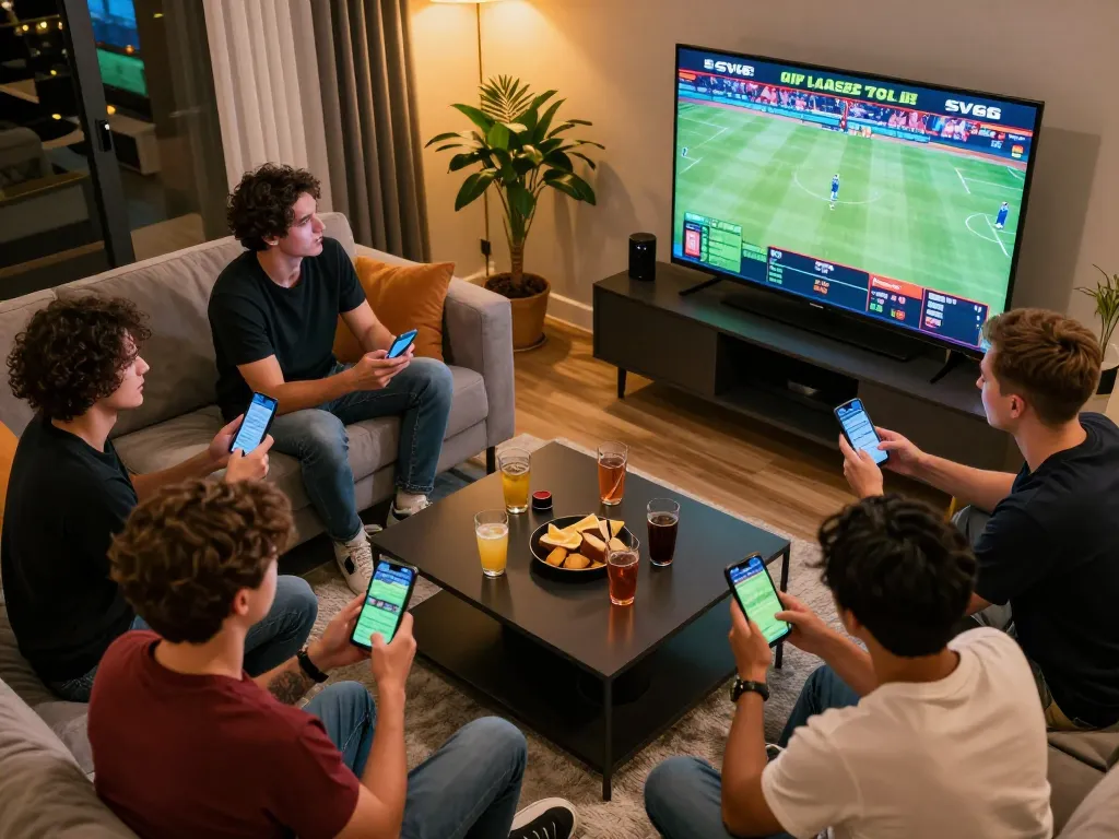 Friends engaged in active sports betting on the SV66 app while watching live events, capturing excitement and community