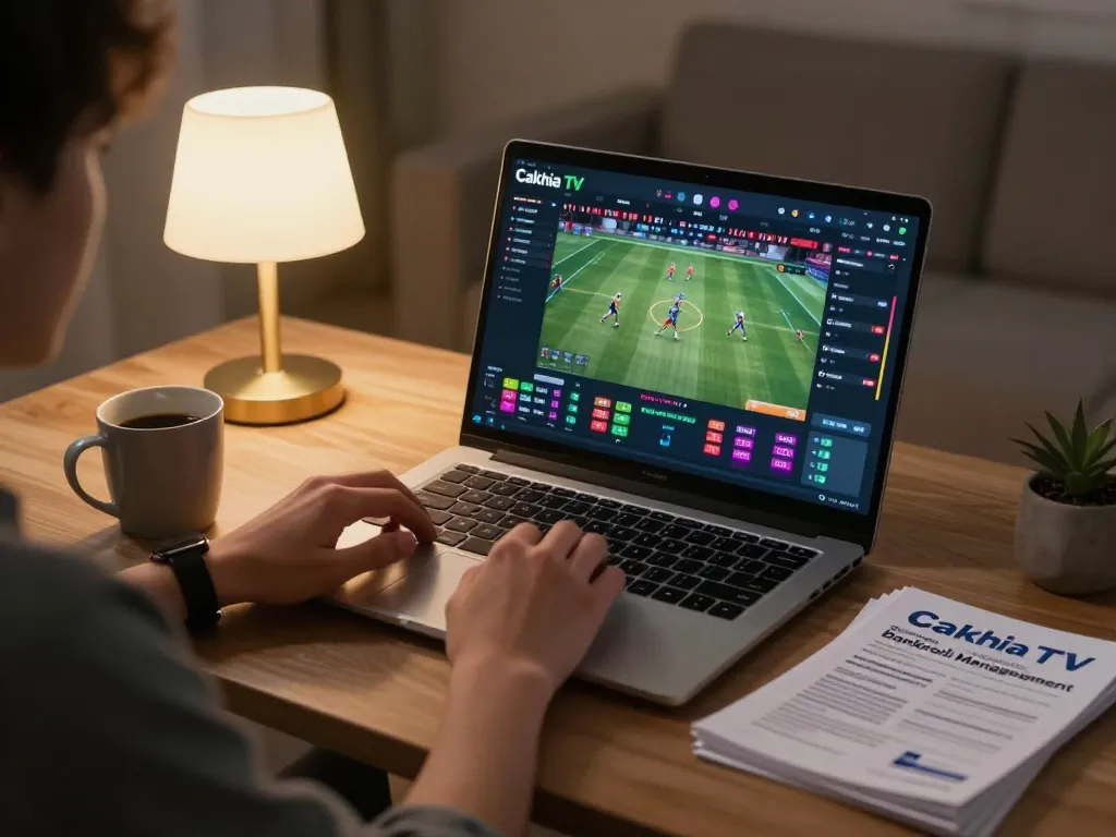 Cakhia TV displaying live sports betting action on a laptop in a cozy home environment.