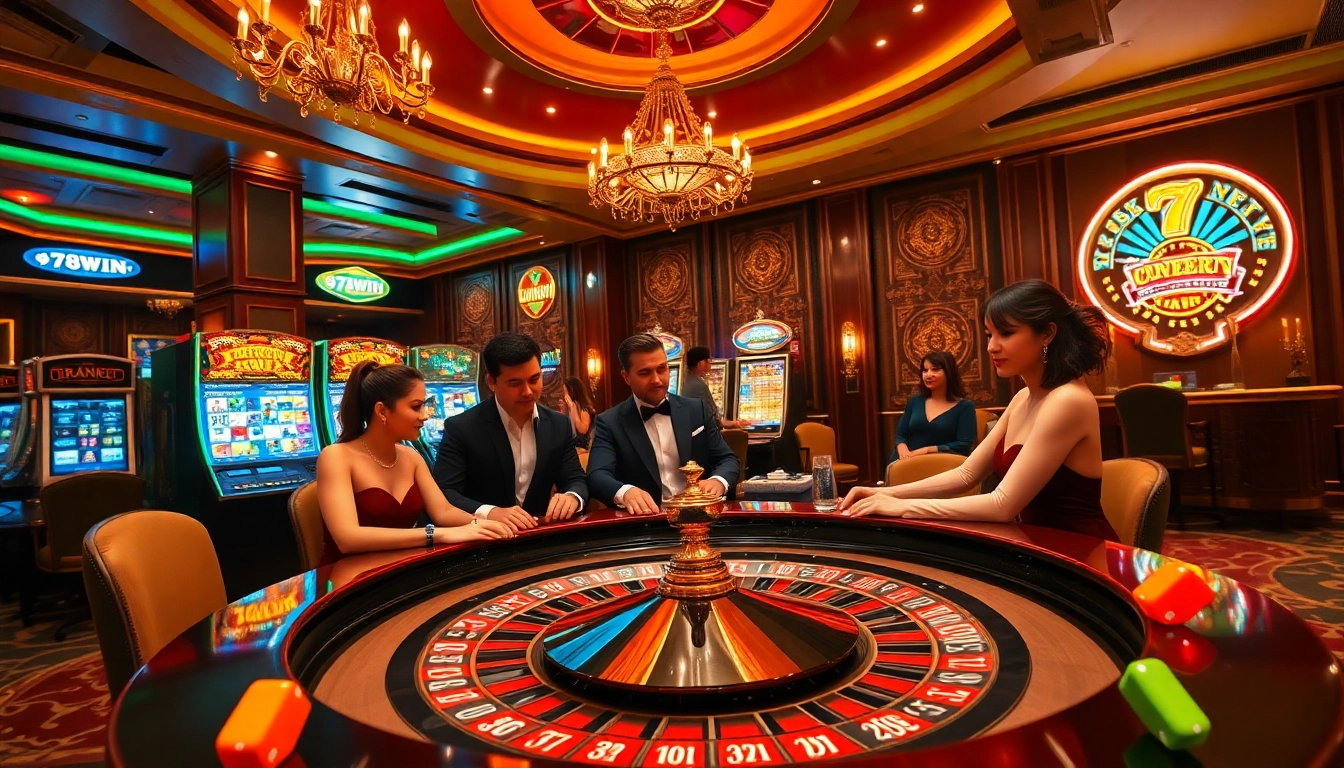 Players enjoy thrilling games at 78WIN casino, surrounded by vibrant tables and slot machines.