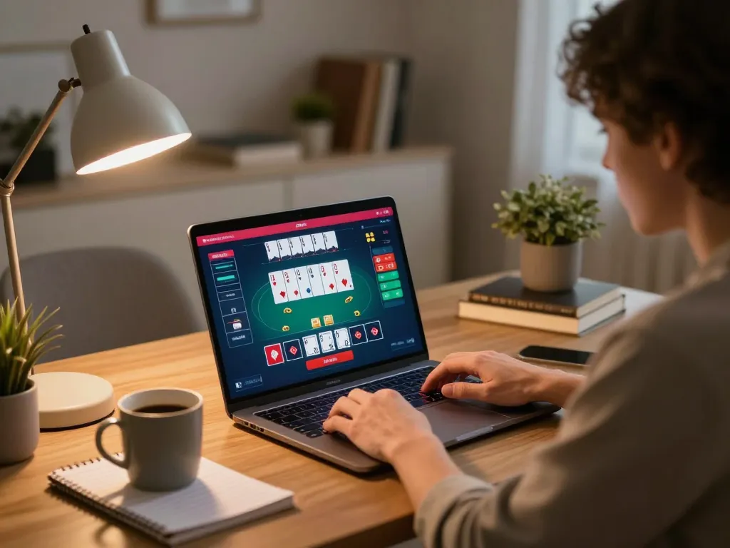 Player enjoying F8bet poker online, engaged with strategy notes in a cozy home office.