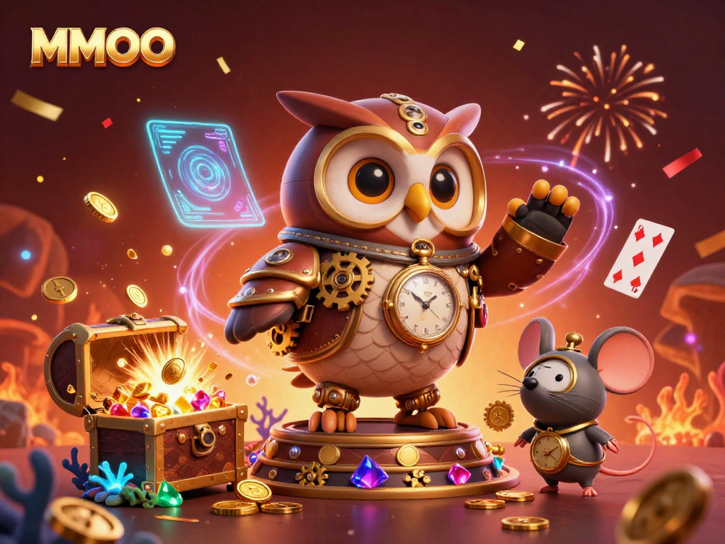 Engage in thrilling gameplay at MMOO, where a time-traveling owl and clockwork mouse explore a vibrant casino world.