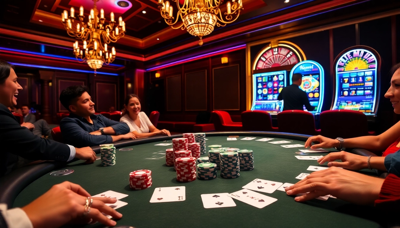 Players enjoying a thrilling poker game at hitclub casino, surrounded by colorful chips and cards.